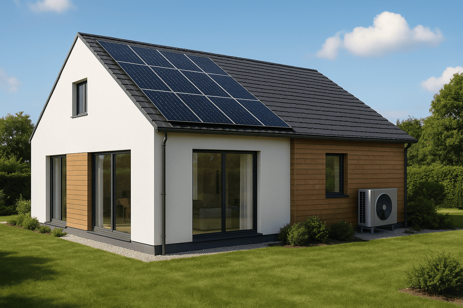 Maison individuelle rénovée avec panneaux solaires en toiture et pompe à chaleur extérieure, illustrant l’accompagnement ETR pour vos travaux de rénovation énergétique dans les Hauts-de-France