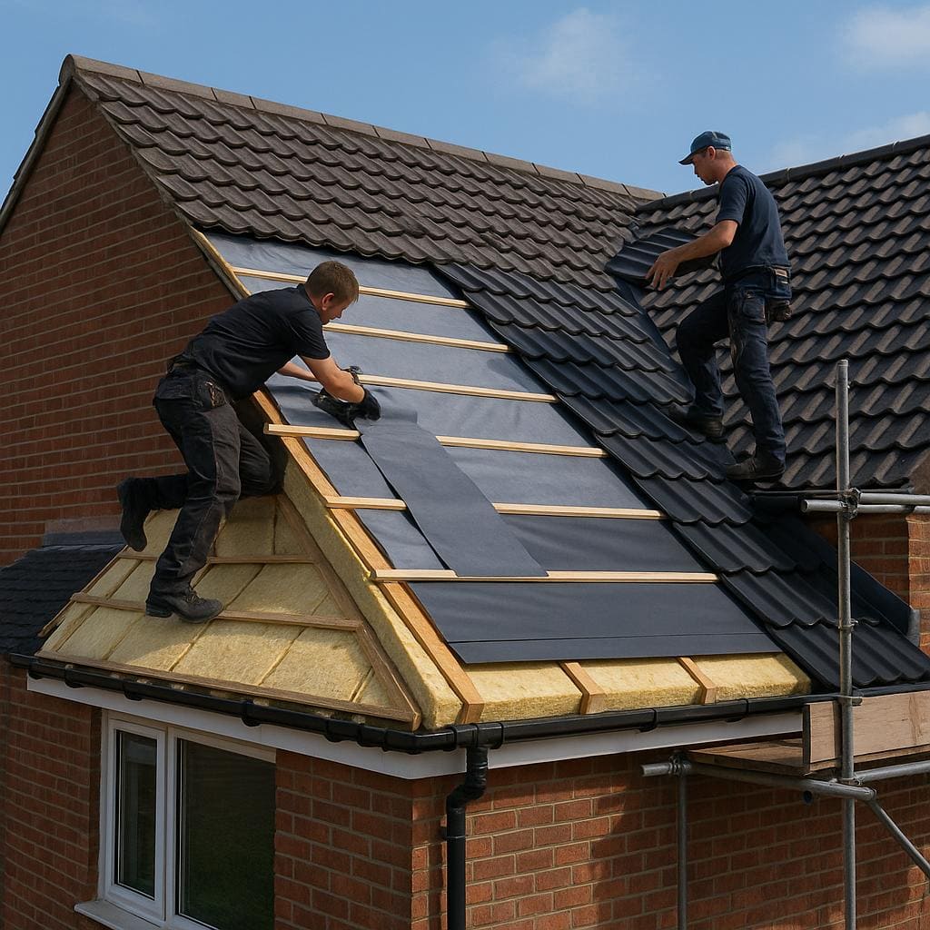 Chantier de rénovation de toiture avec isolation par l’extérieur