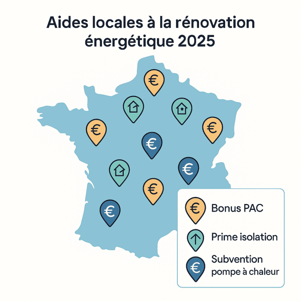 Carte de France avec pictos d’aides locales à la rénovation : bonus PAC, prime isolation, subvention pompe à chaleur