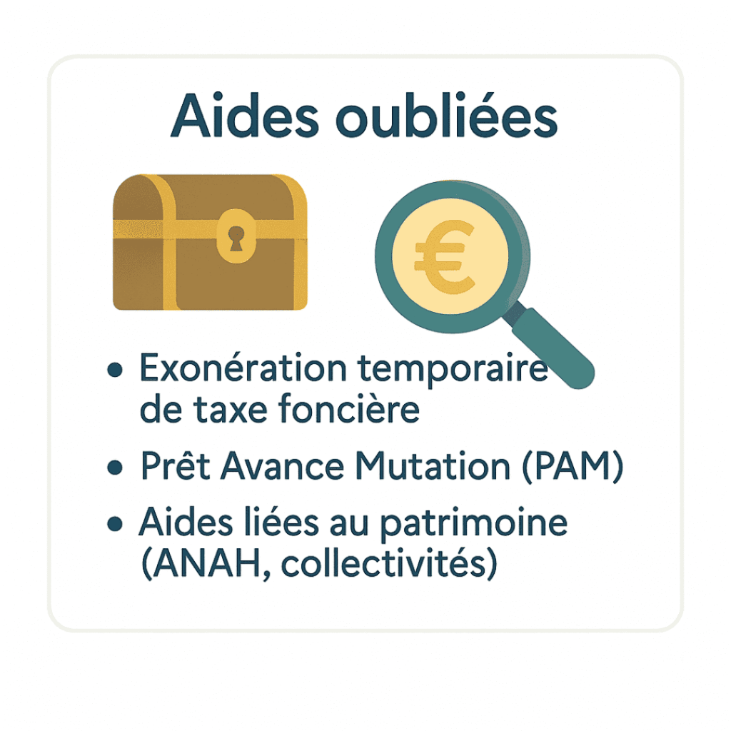 Infographie sur les aides oubliées à la rénovation : exonération de taxe foncière, prêt avance mutation, aides patrimoine ANAH
