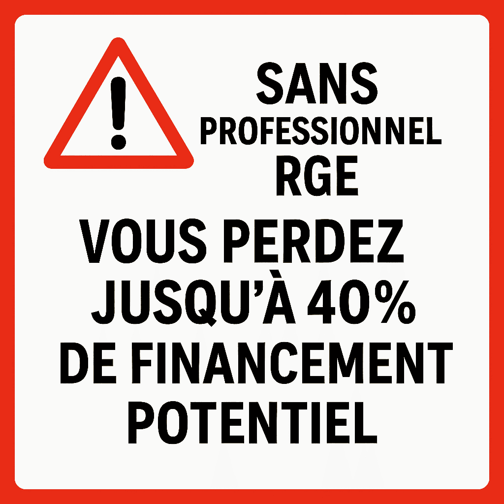 Panneau d’alerte jaune avec triangle rouge contenant un point d’exclamation, texte en gras : "Sans professionnel RGE, vous perdez jusqu’à 40% de financement potentiel"