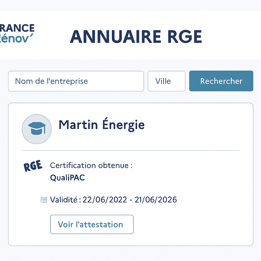 Capture d’écran simulée de l’annuaire RGE France Rénov’, avec champs de recherche nom entreprise et ville, affichage fiche professionnelle avec certification QualiPAC, validité et bouton voir l’attestation