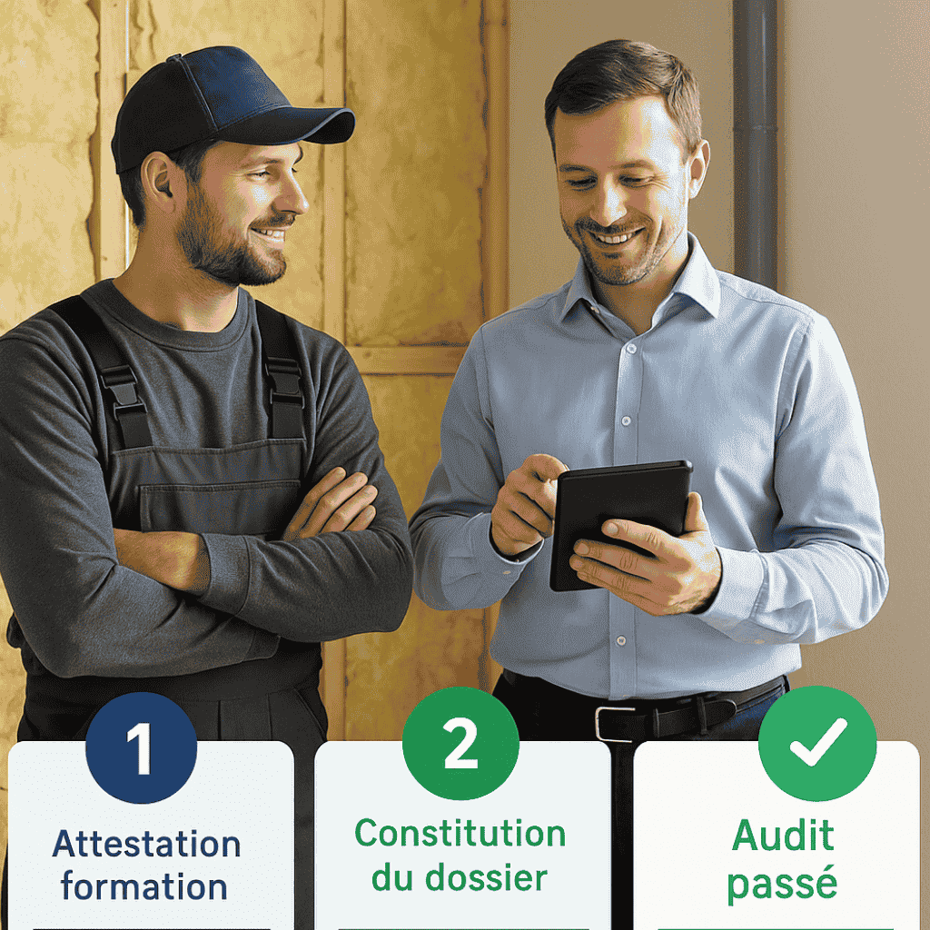 Photo d’un professionnel du bâtiment en tenue de chantier échangeant avec un inspecteur en chemise bleue, tenant une tablette numérique, dans le cadre d’un audit énergétique