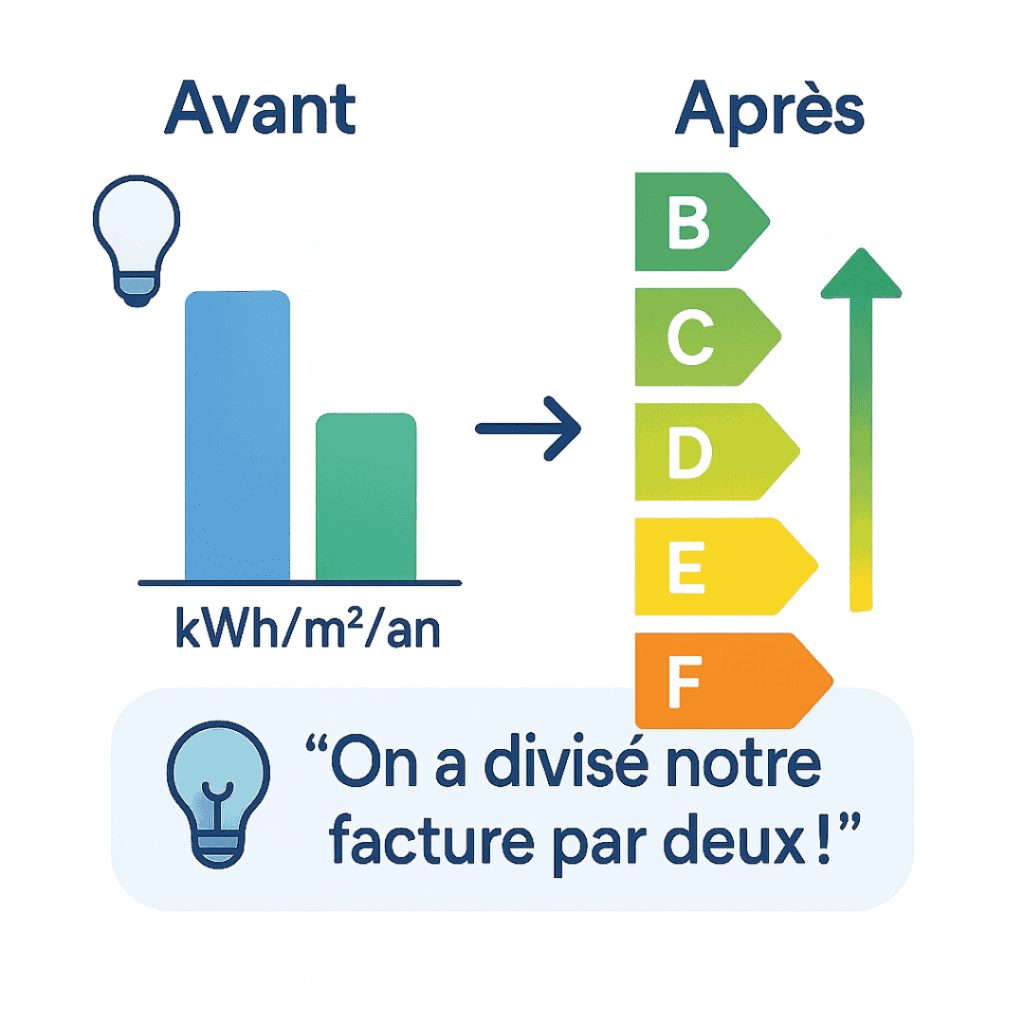 Graphique montrant la baisse de consommation énergétique en kWh/m²/an avec amélioration du DPE de F à B