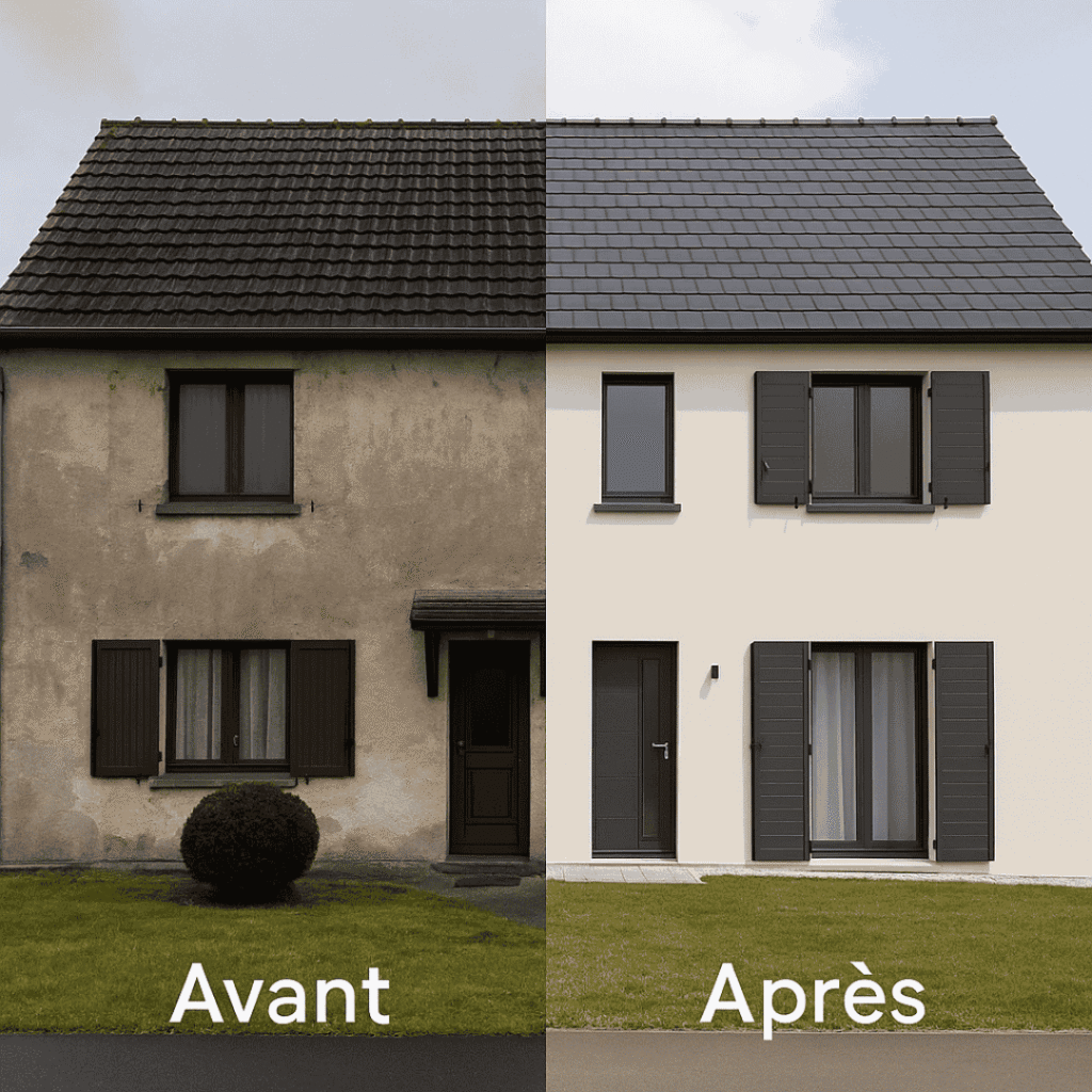 Comparatif avant/après rénovation d’une façade de maison par ETR avec nouvelle toiture et peinture propre