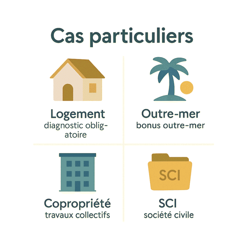 Illustration des cas particuliers d’aides : logement à diagnostiquer, Outre-mer, copropriété, SCI