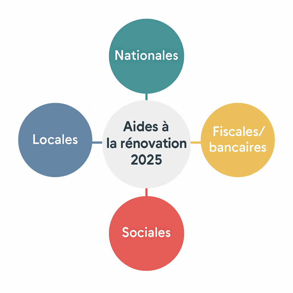 Schéma des grandes catégories d’aides à la rénovation en 2025 : nationales, locales, fiscales/bancaires et sociales