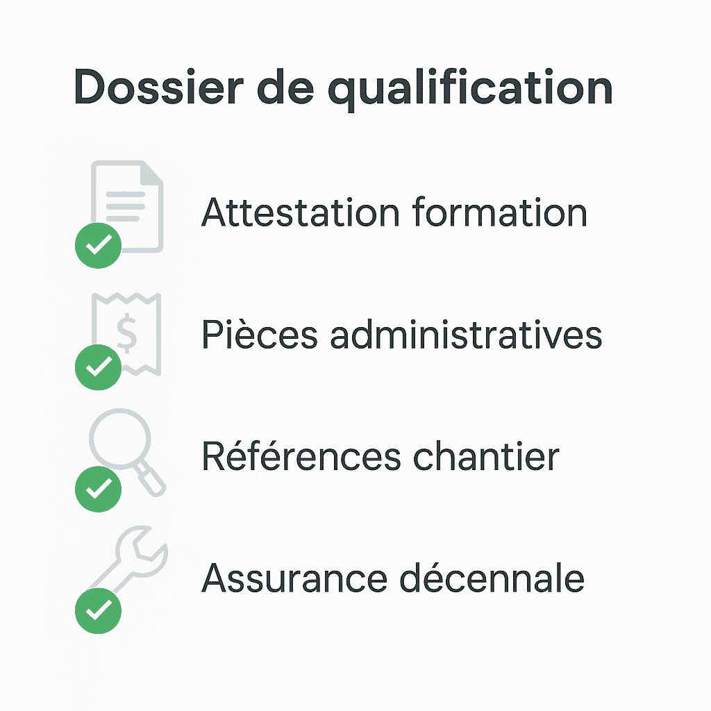 Checklist pour dossier de qualification RGE : attestation formation, pièces administratives, références chantier, assurance décennale