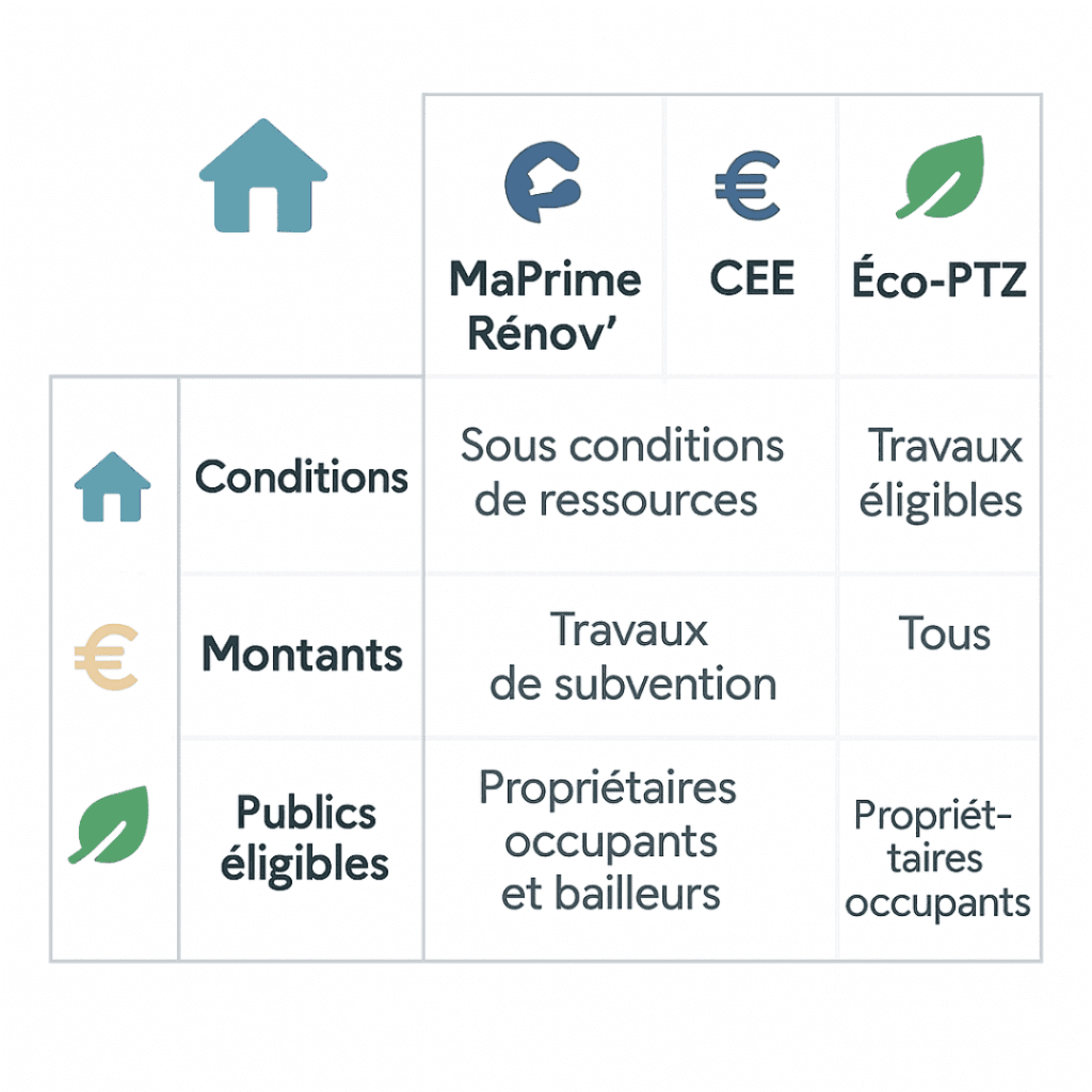 Tableau comparatif des aides MaPrimeRénov’, CEE et Éco-PTZ : conditions, montants et publics éligibles
