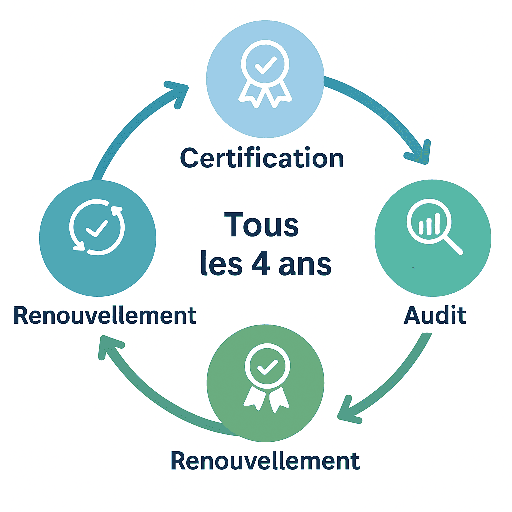 Schéma circulaire illustrant le cycle de certification RGE avec quatre étapes : certification, audit, suivi, renouvellement, renouvelé tous les 4 ans