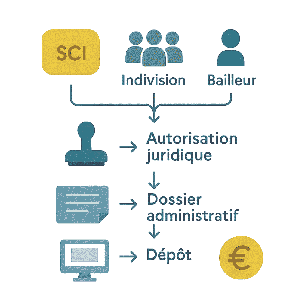 Schéma des démarches administratives pour SCI, indivision ou bailleur : autorisation juridique, dossier administratif, dépôt