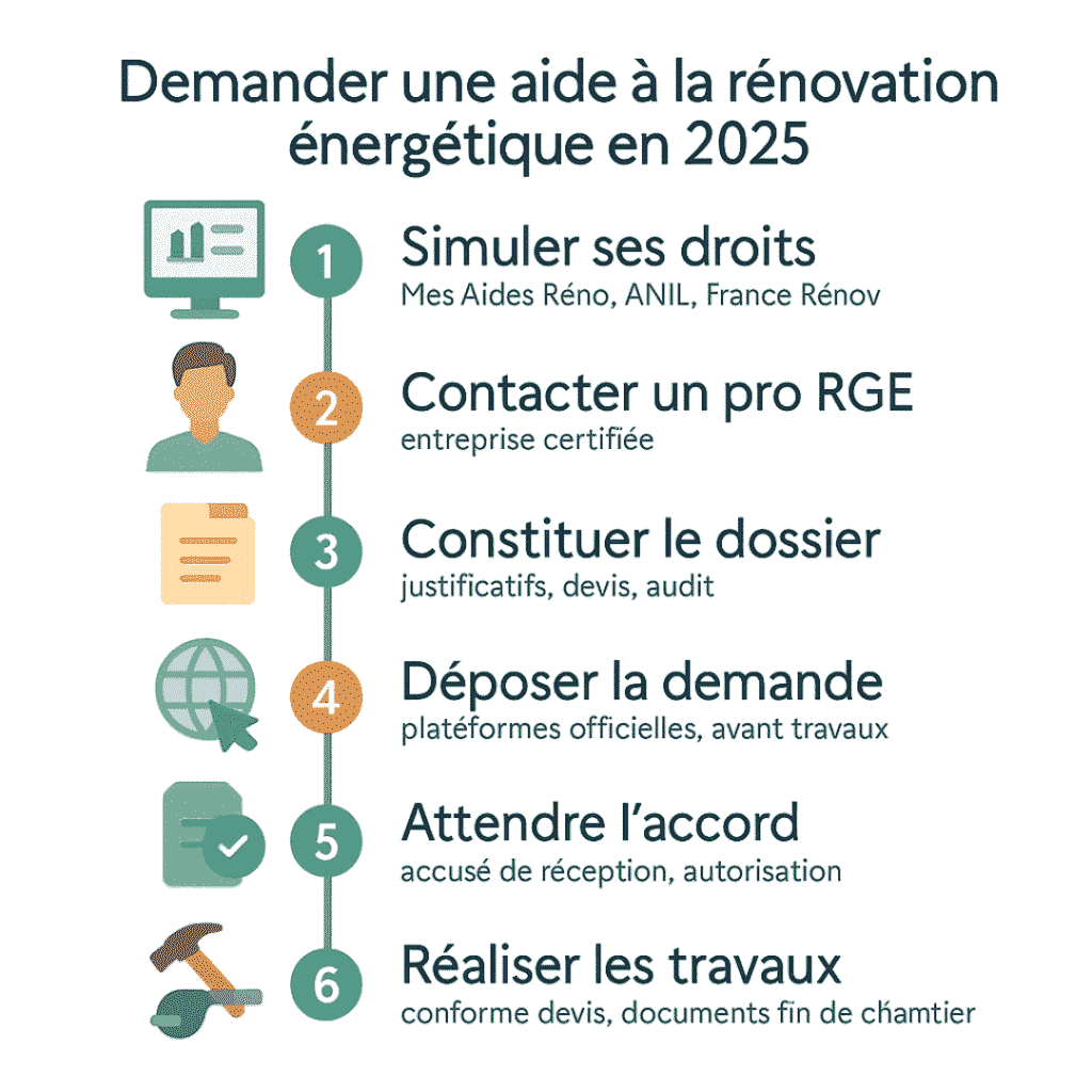 Infographie en 6 étapes pour obtenir une aide à la rénovation énergétique : simulation, contact pro RGE, dossier, dépôt, accord, travaux