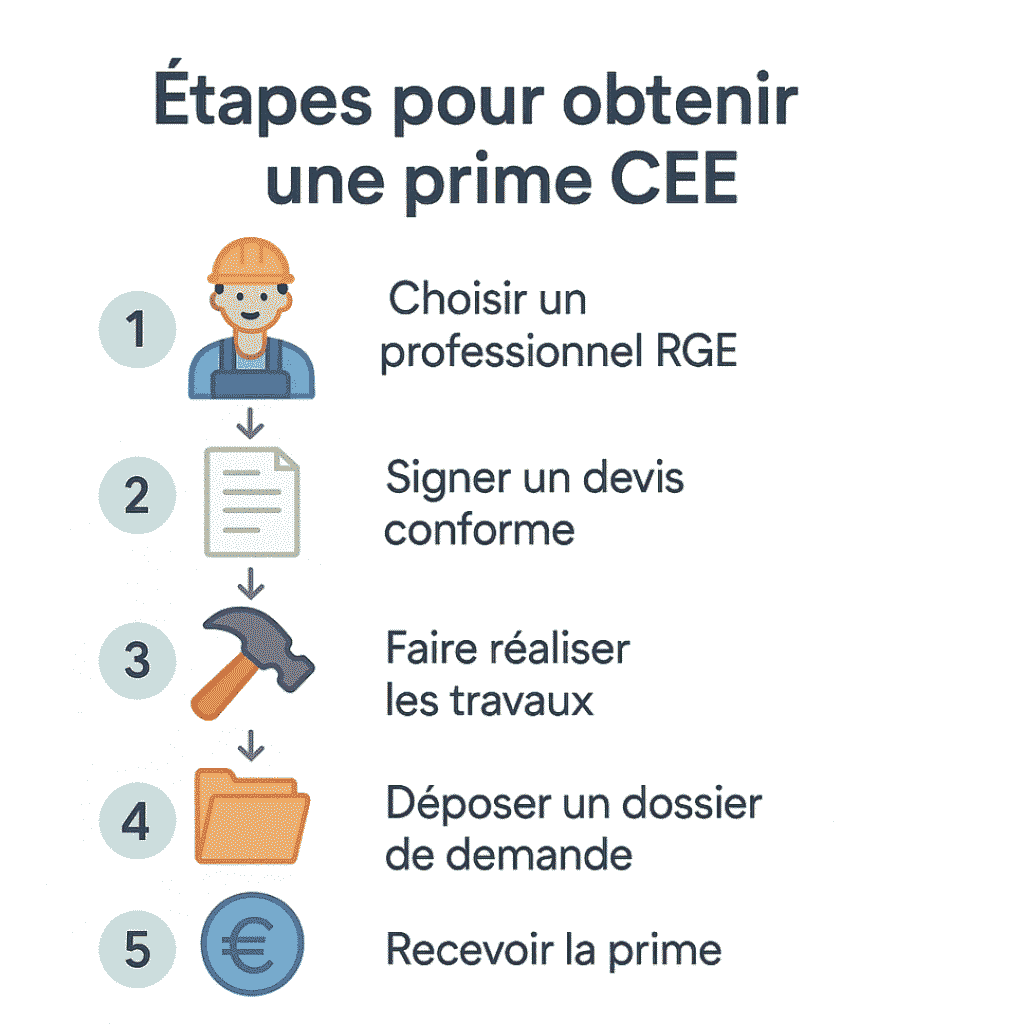 Liste des 5 étapes pour obtenir une prime CEE : choix pro RGE, devis, travaux, dossier, réception de la prime