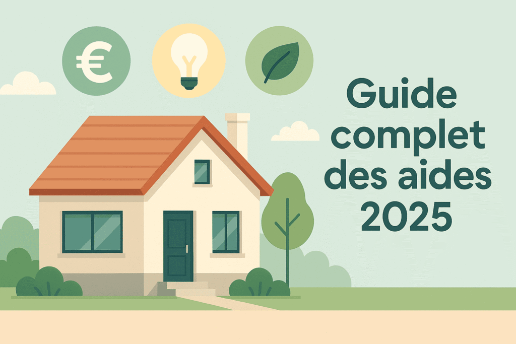 Illustration d'une maison rénovée avec pictogrammes représentant les aides financières, les économies d'énergie et l'écologie, accompagnée du titre "Guide complet des aides 2025"