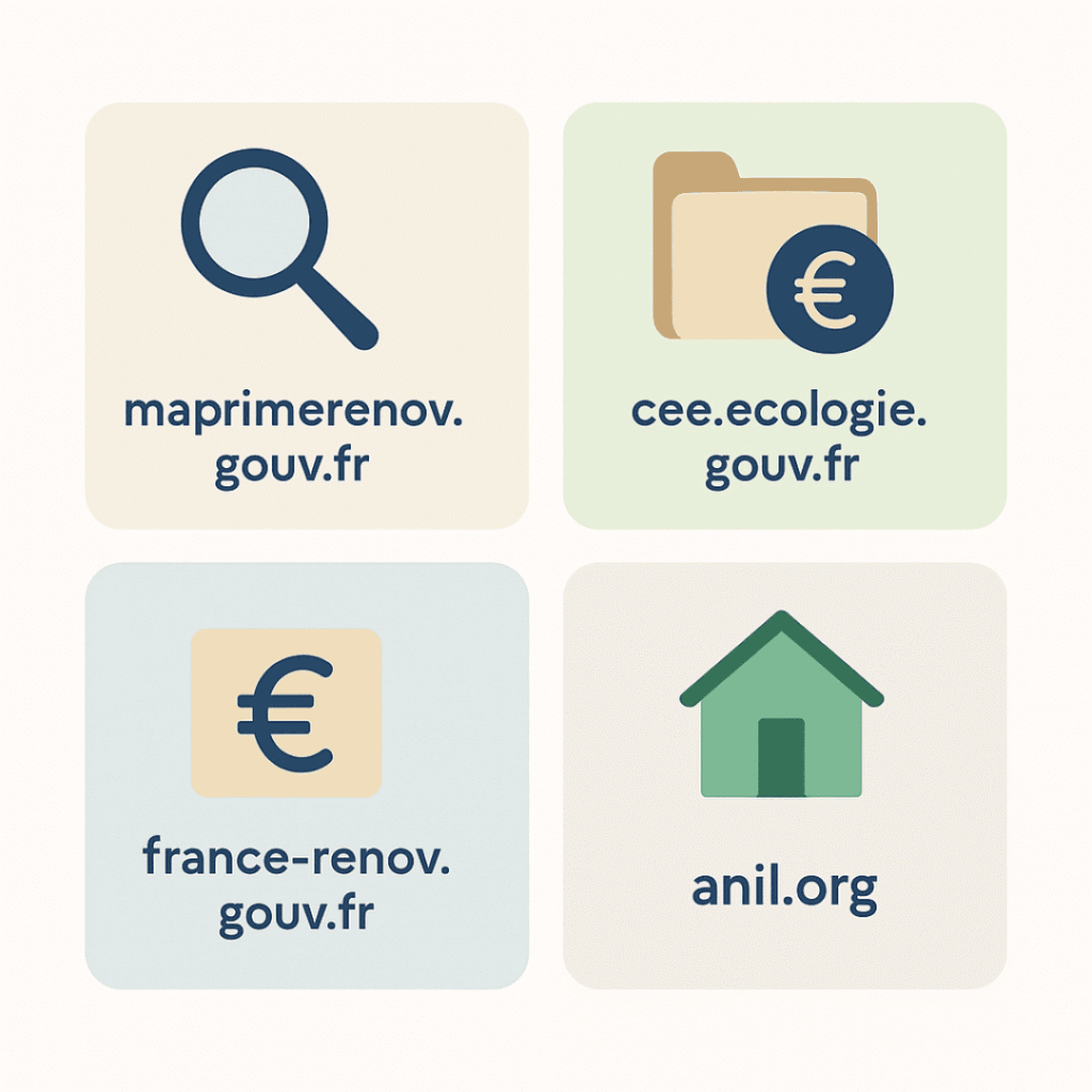 Carrés avec logos et noms des sites officiels d’aides à la rénovation : maprimerenov.gouv.fr, cee.ecologie.gouv.fr, france-renov.gouv.fr, anil.org