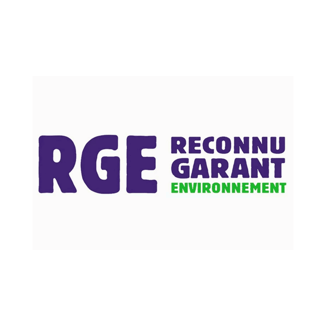 Logo officiel du label RGE Reconnu Garant de l’Environnement en violet et vert