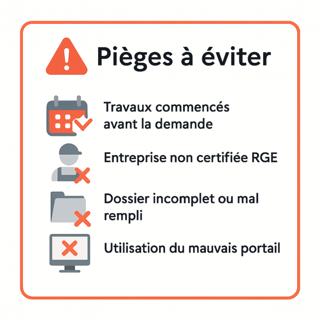 Encadré listant les erreurs fréquentes : début des travaux avant demande, absence RGE, dossier incomplet, mauvais portail