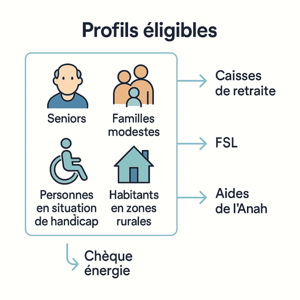 Illustration des profils éligibles : seniors, familles modestes, personnes handicapées, ruraux, avec lien vers aides sociales, chèque énergie, Anah, FSL