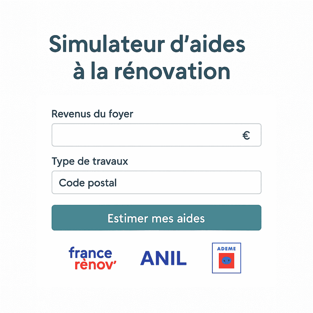 Interface de simulateur d’aides à la rénovation énergétique avec champs revenus, type de travaux et code postal, logos France Rénov’, ANIL et ADEME