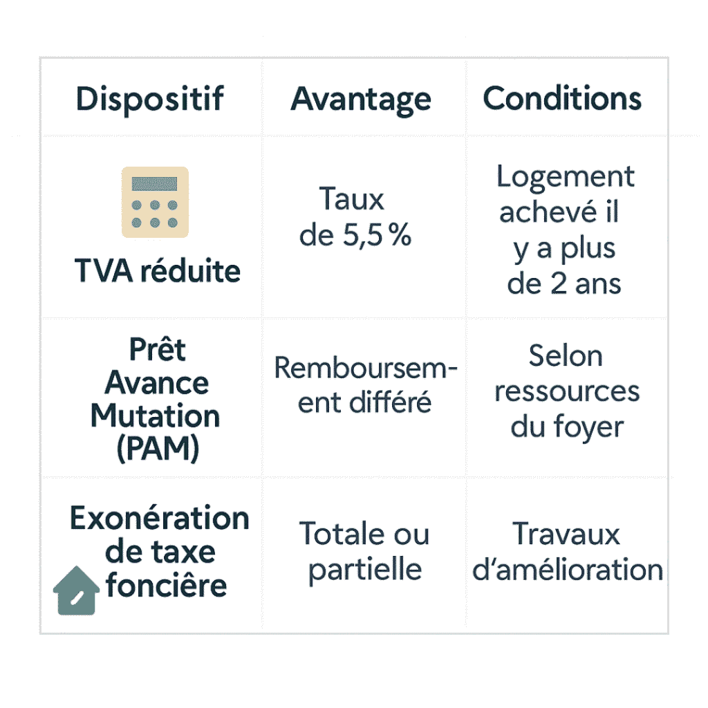 Tableau récapitulatif des dispositifs fiscaux 2025 : TVA réduite, prêt PAM, exonération taxe foncière, avantages et conditions