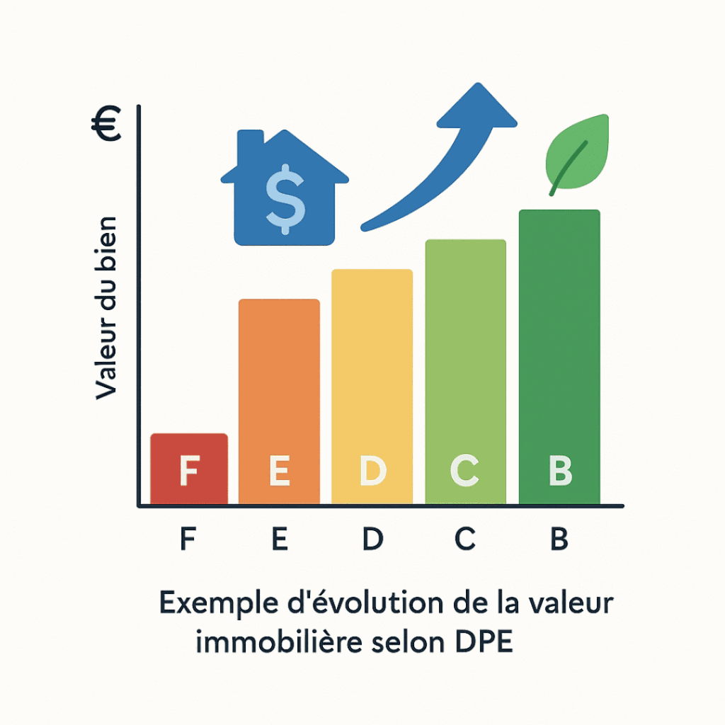 Graphique en barres montrant l’augmentation de la valeur immobilière d’un bien selon son classement DPE, de F à B