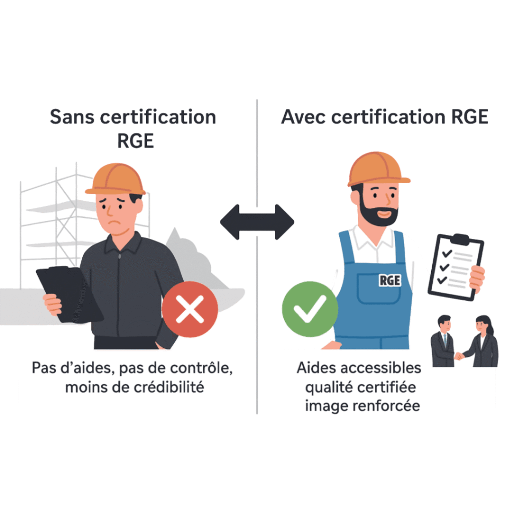 Illustration comparative Avant / Après certification RGE : à gauche une entreprise sans certification avec peu de crédibilité, à droite une entreprise certifiée RGE avec des clients satisfaits, des aides accessibles et une image valorisée