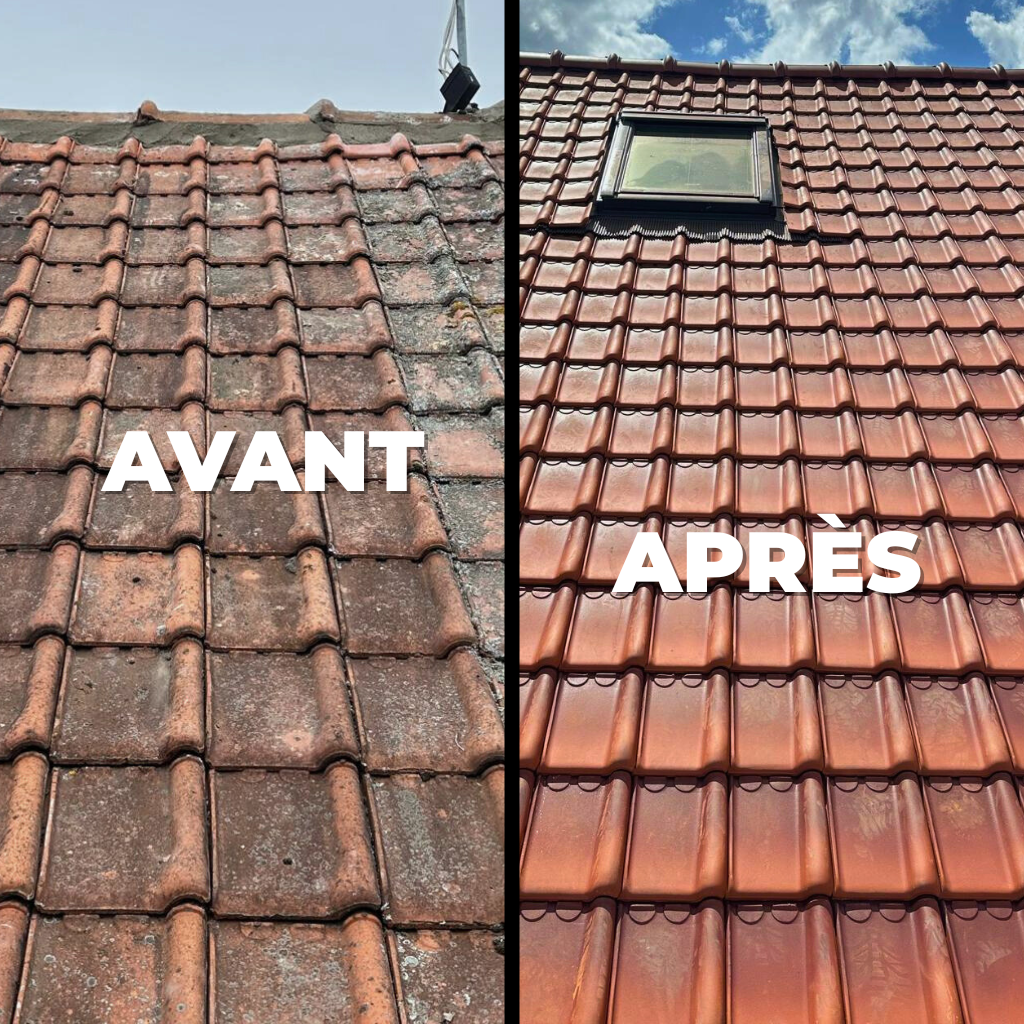 Comparatif Avant/Après d’une toiture entretenu et rénovée à Tourcoing par un artisan couvreur RGE : tuiles anciennes usées à gauche, tuiles neuves éclatantes à droite.