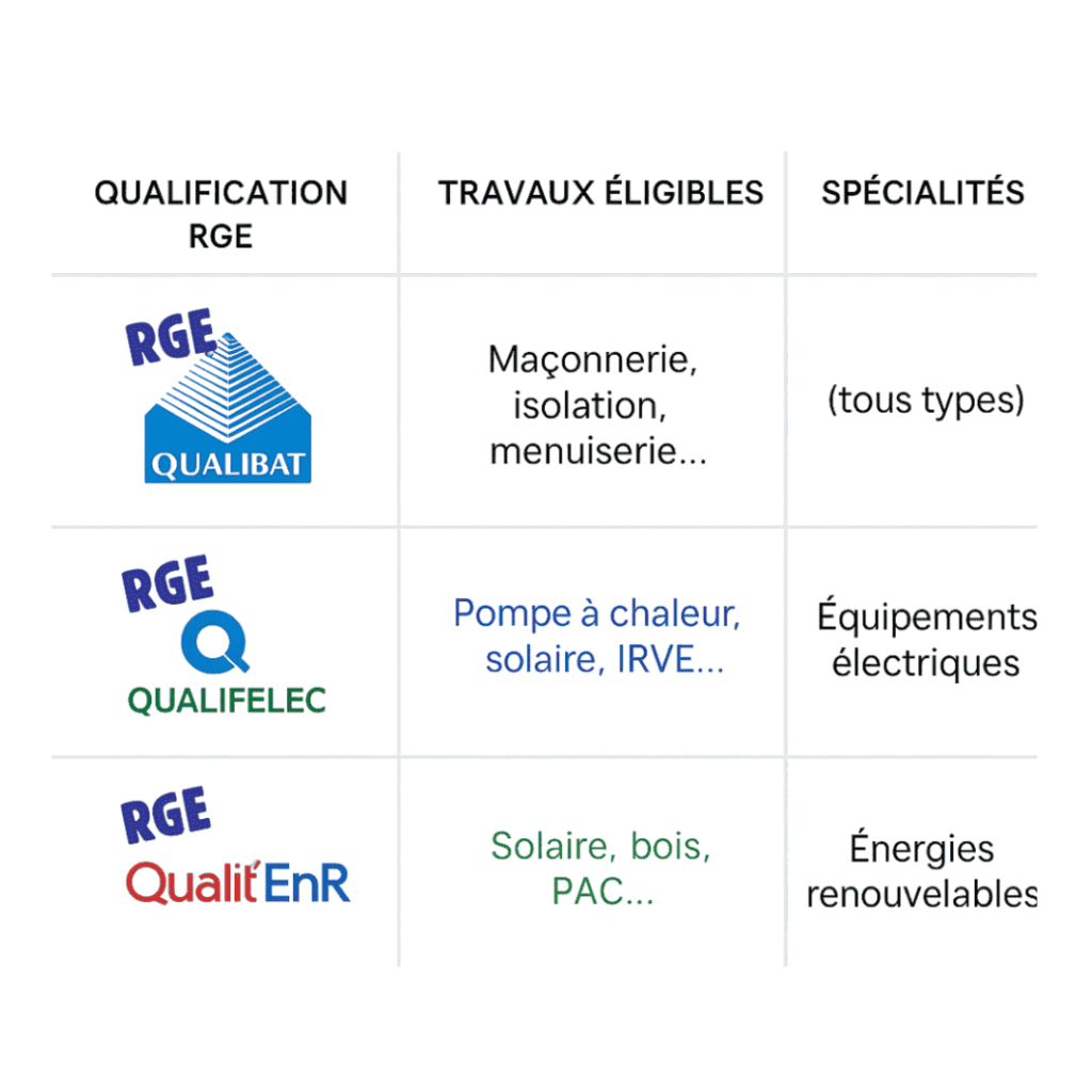 Tableau des qualifications RGE avec logos : Qualibat, Qualifelec, Qualit’EnR ; liste des travaux éligibles et spécialités associées