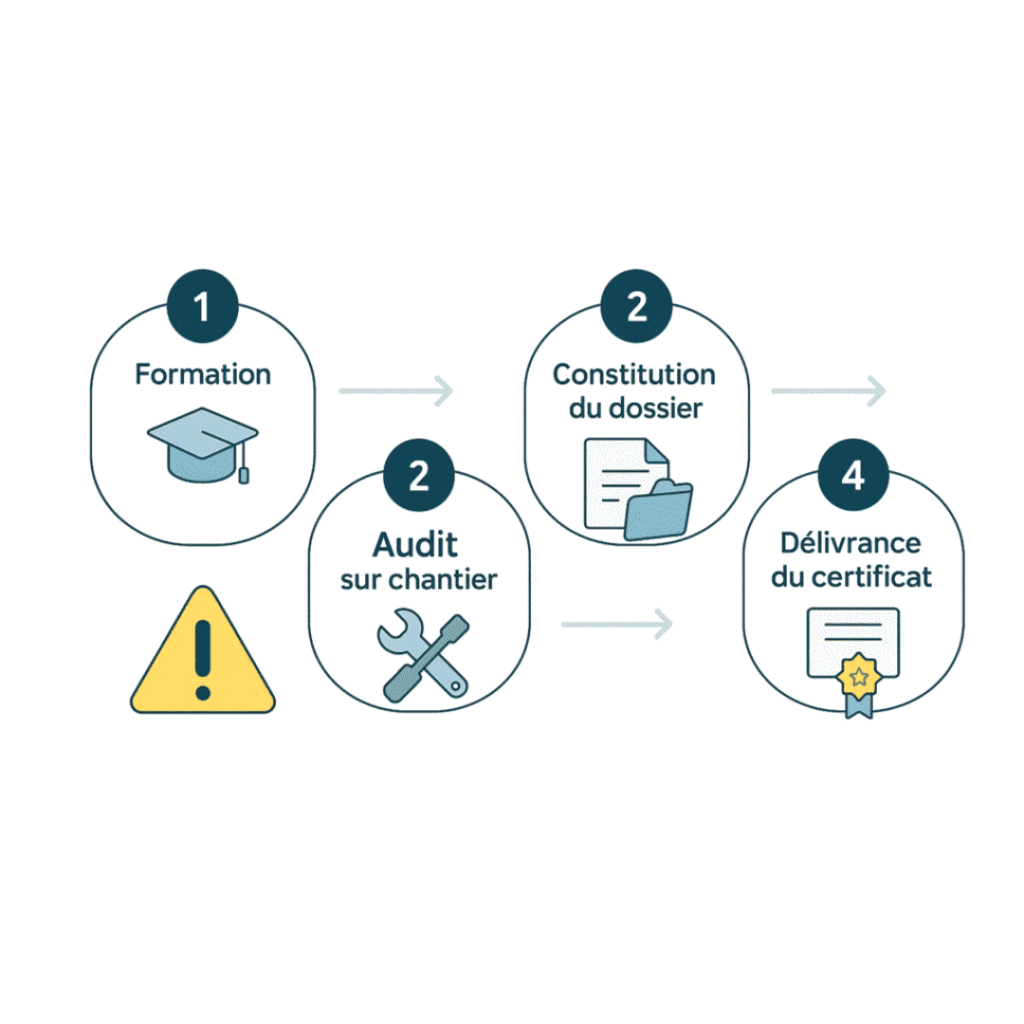 Schéma en 4 étapes du parcours de certification RGE pour un professionnel du bâtiment : formation, constitution du dossier, audit sur chantier, délivrance du certificat