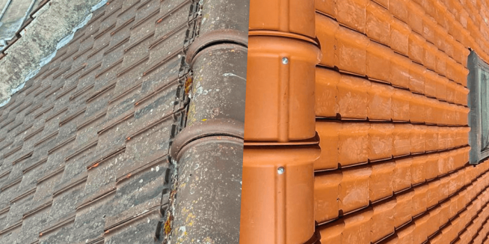 Rénovation de toiture en tuiles : photos avant/après | Hauts-de-France Split-screen montrant une toiture en tuiles usées et couvertes de mousses à gauche, et des nouvelles tuiles rouges propres posées à droite après rénovation dans les Hauts-de-France.