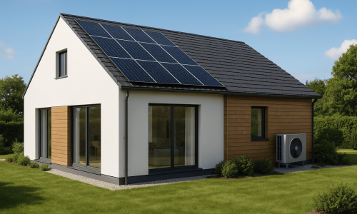 Entreprise RGE – Rénovation énergétique de maison Maison individuelle rénovée avec panneaux solaires en toiture et pompe à chaleur extérieure, illustrant l’accompagnement ETR pour vos travaux de rénovation énergétique dans les Hauts-de-France