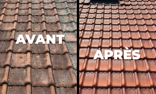 Avant–Après Entretien et rénovation de toiture à Tourcoing – Artisan Couvreur RGE Comparatif Avant/Après d’une toiture entretenu et rénovée à Tourcoing par un artisan couvreur RGE : tuiles anciennes usées à gauche, tuiles neuves éclatantes à droite.