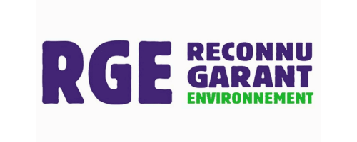 Label RGE : Reconnu Garant de l’Environnement Logo officiel du label RGE Reconnu Garant de l’Environnement en violet et vert